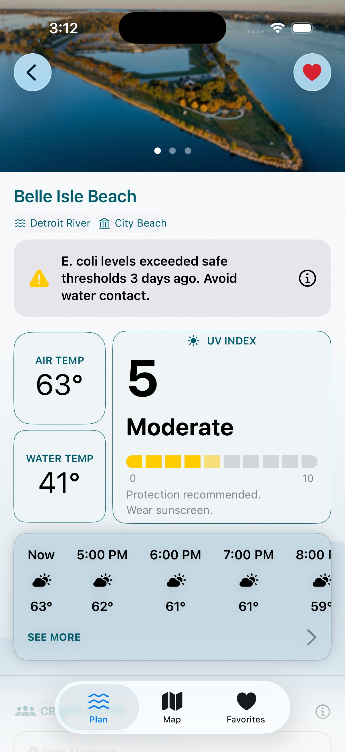 McLain State Park detail screen showing air temperature, UV index, water temp, and hourly forecast