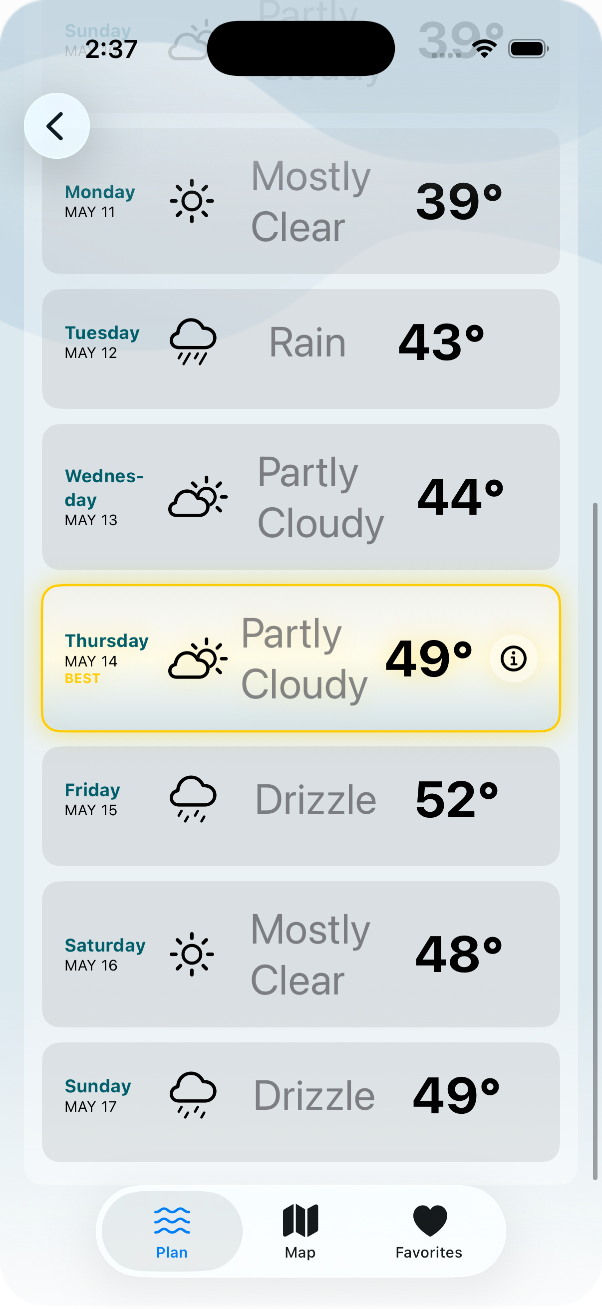 CoastCast 7-day forecast screen with Thursday highlighted as the best day to visit