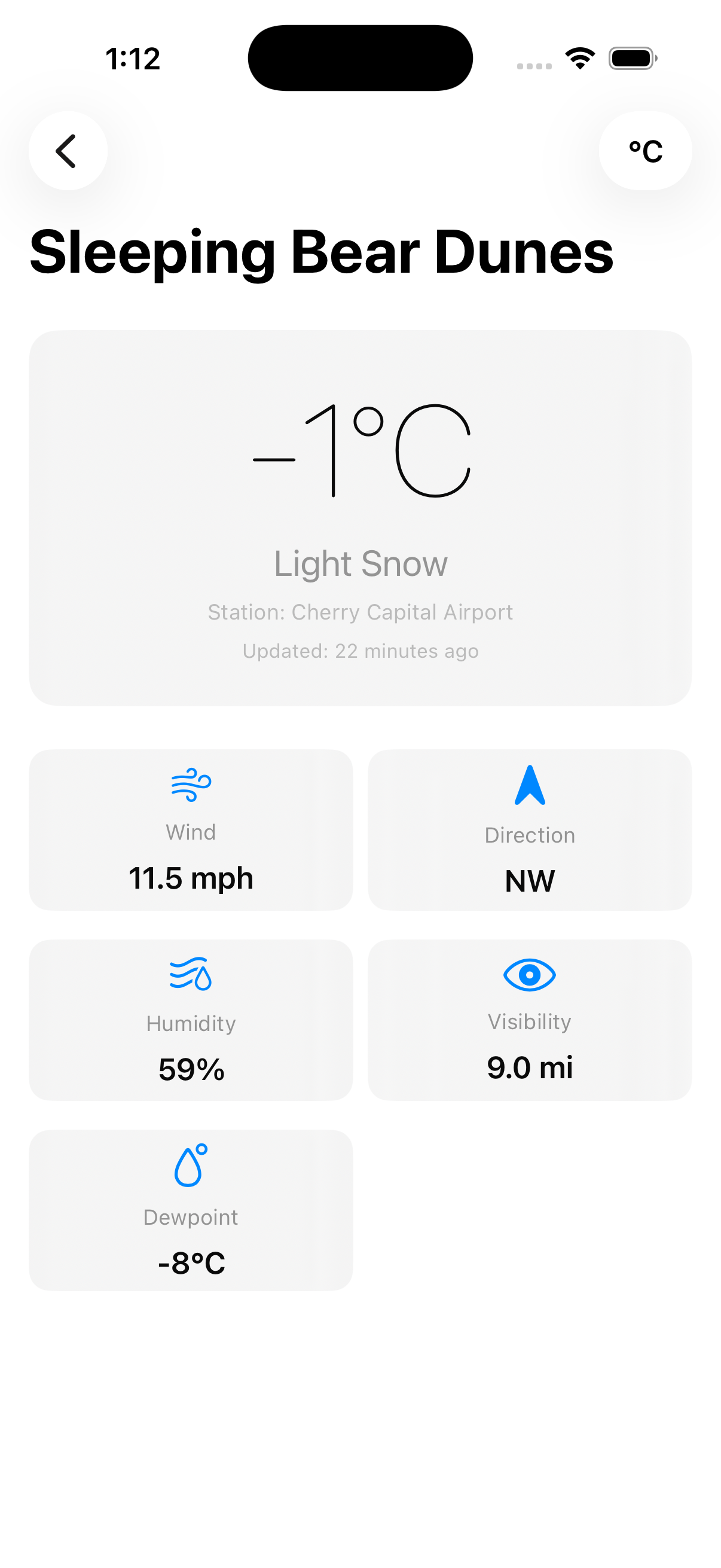 Beach detail screen for Sleeping Bear Dunes showing live weather conditions in Celsius