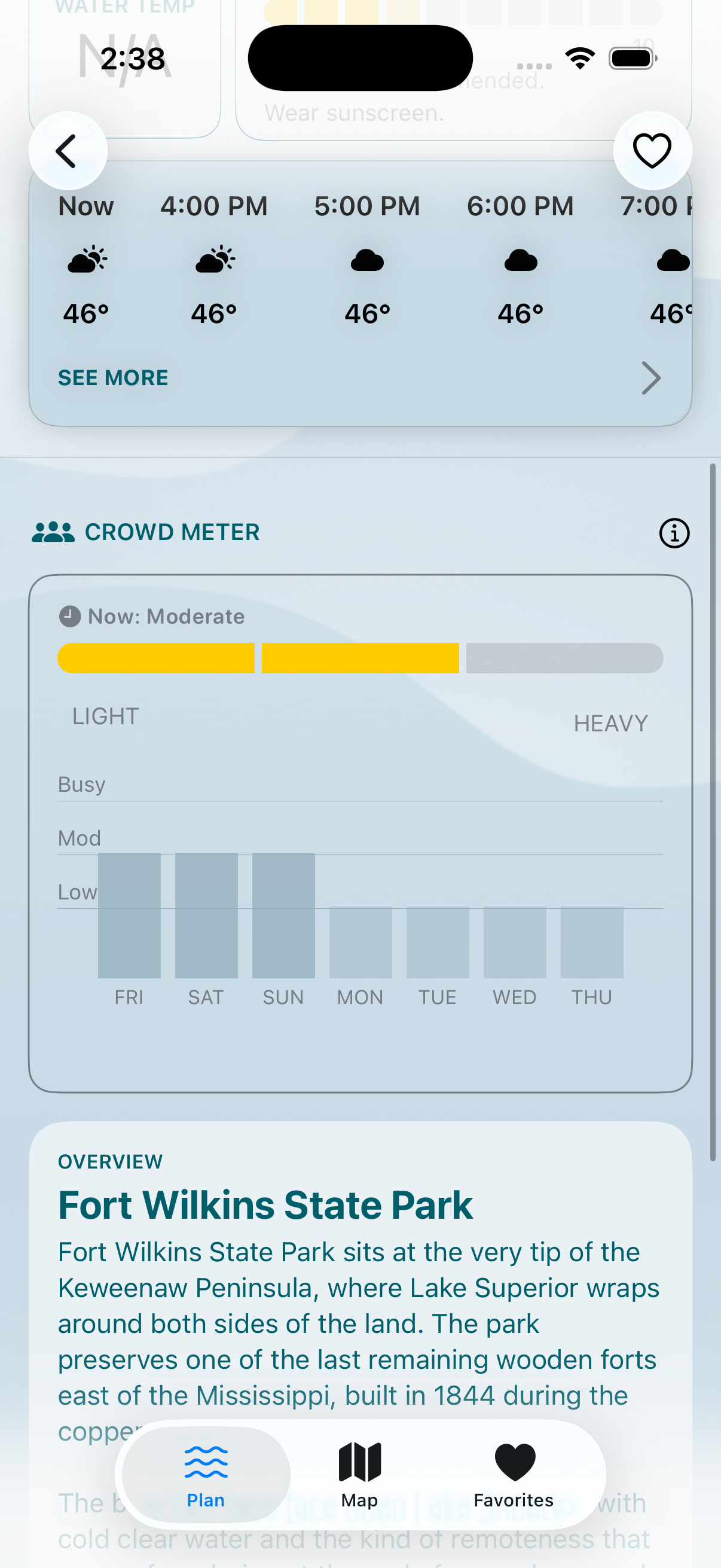 Fort Wilkins State Park detail showing crowd meter with a now-moderate indicator and weekly bar chart