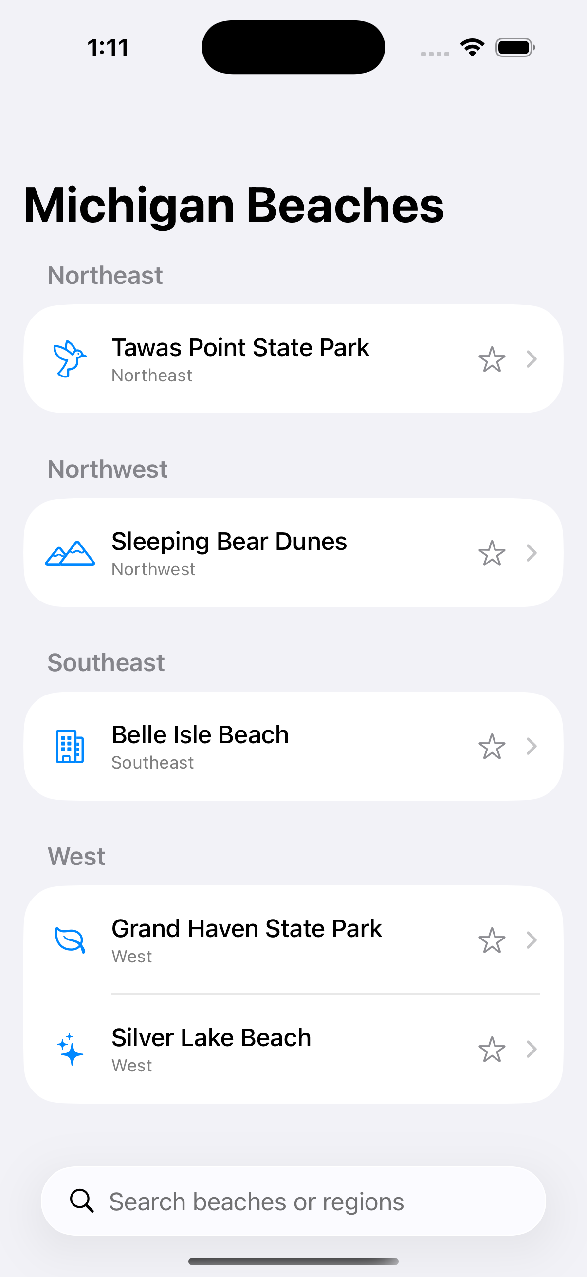 Michigan Beaches browse screen showing beaches grouped by region