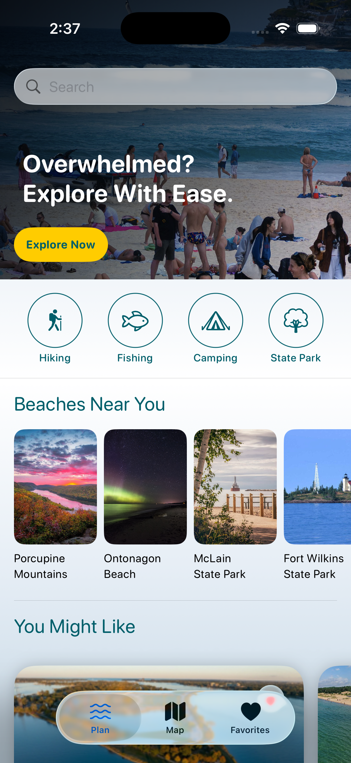 CoastCast home screen showing hero banner, activity categories, and nearby beach recommendations