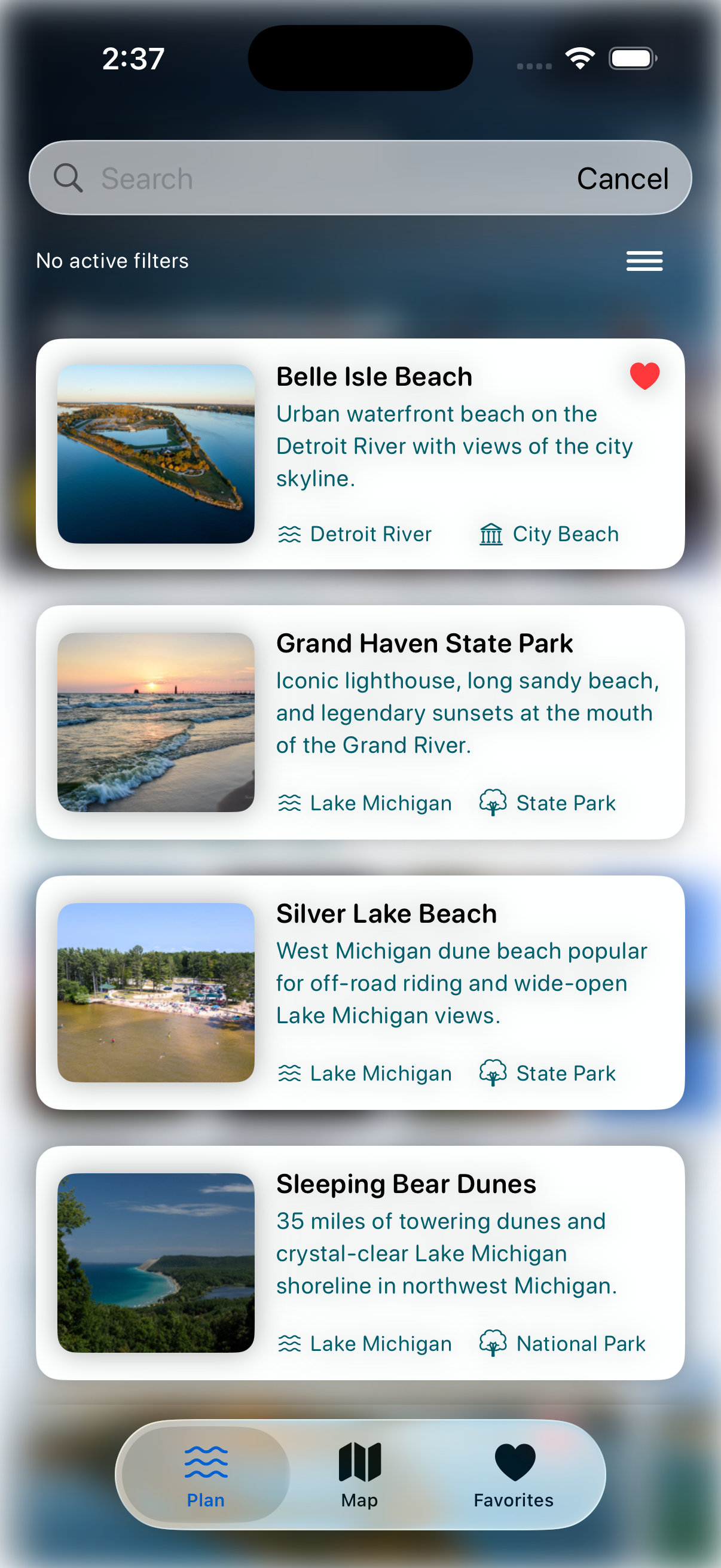 CoastCast search screen showing a filterable list of Michigan beaches with images and tags