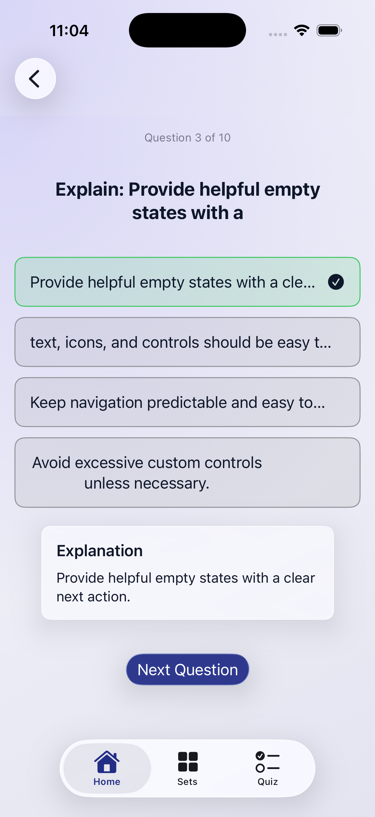 Quiz Mode screen